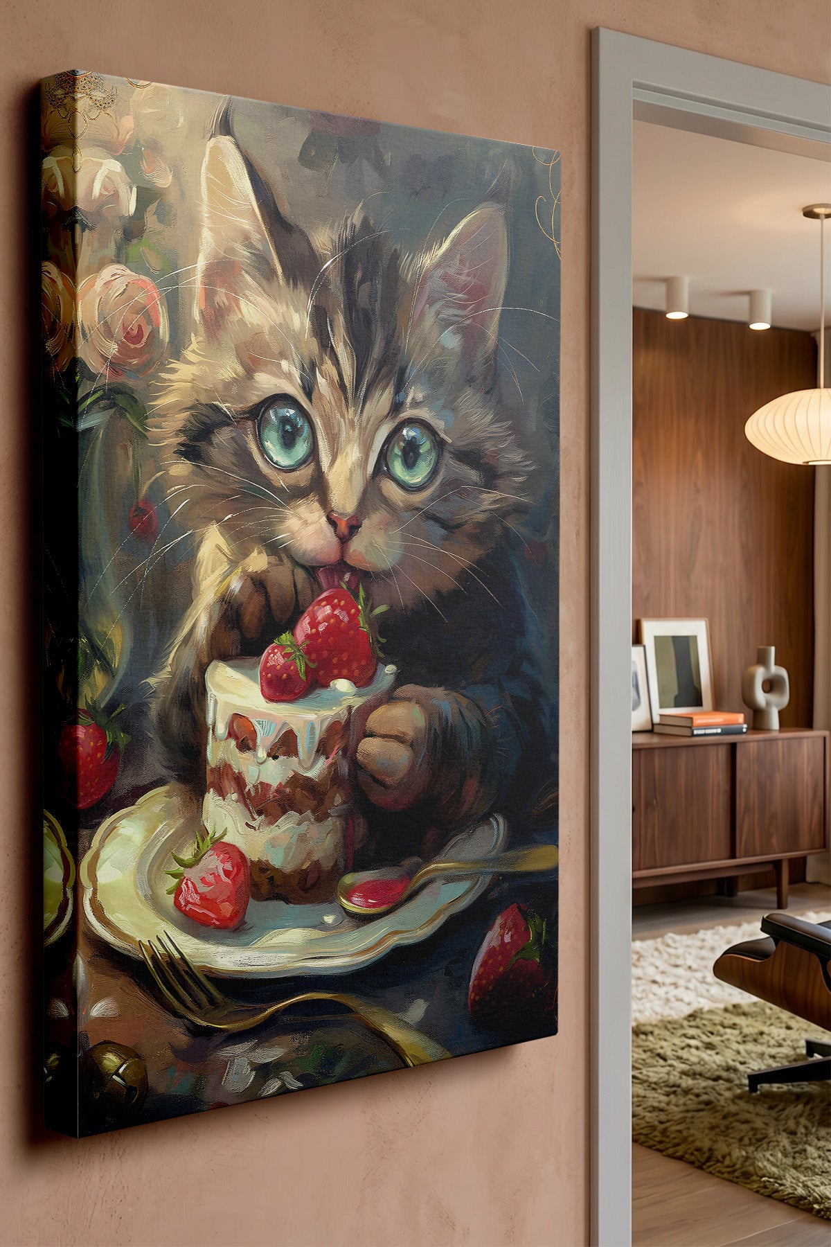 Kitten & Strawberry Cake Canvas Print — canvas wall art