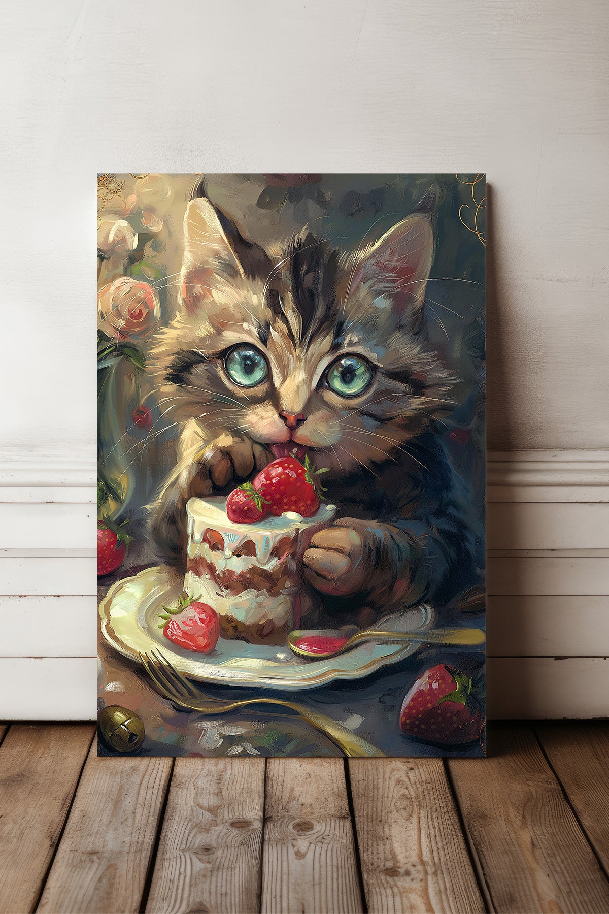 Kitten & Strawberry Cake Canvas Print — canvas wall art