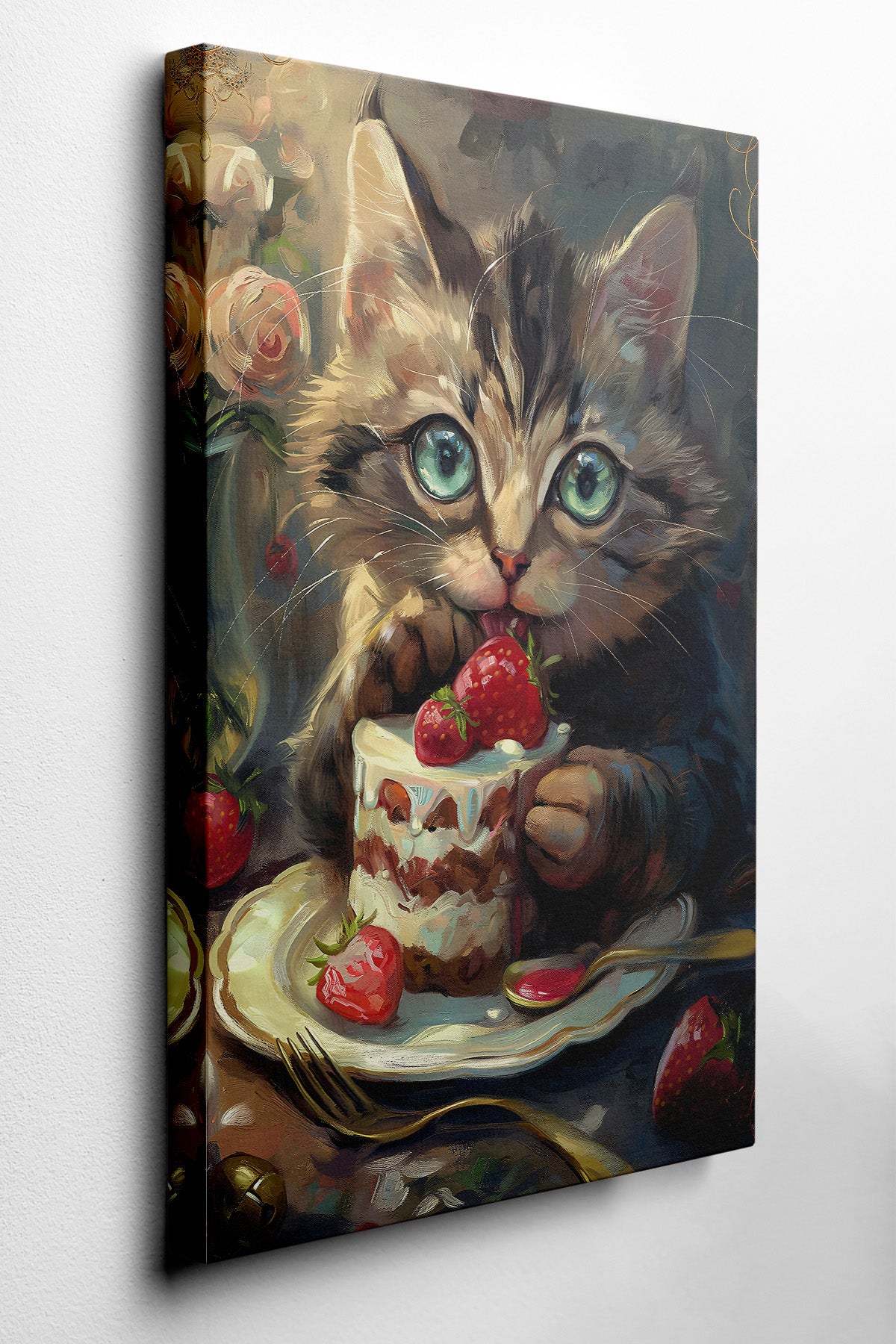 Kitten & Strawberry Cake Canvas Print — canvas wall art