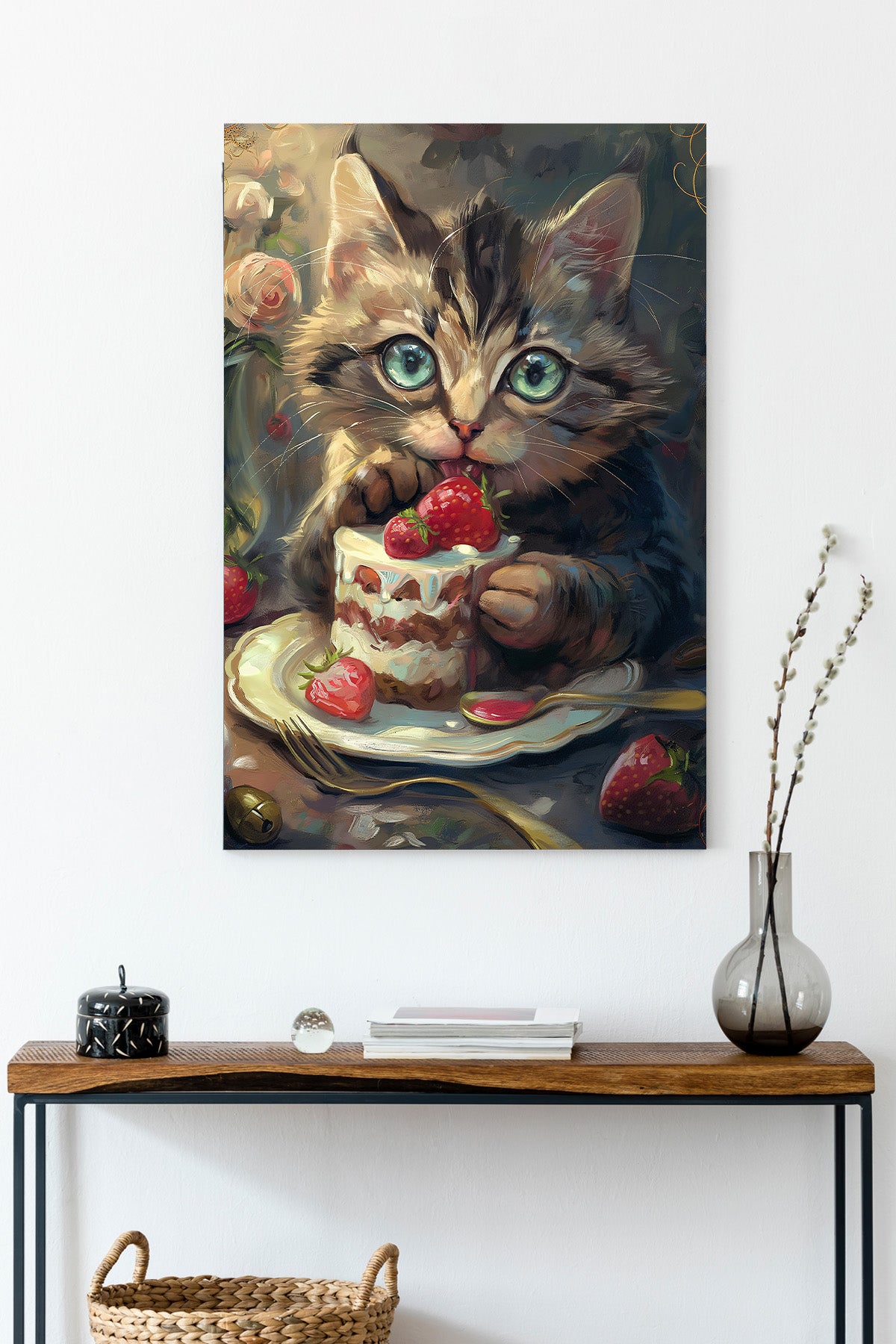 Kitten & Strawberry Cake Canvas Print — canvas wall art